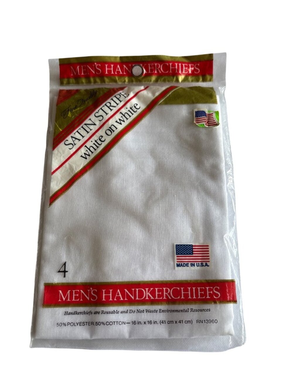 Mens Handkerchiefs 4-Pack Satin Stripe White On White 16"x16" 50% Cotton 50% Pol